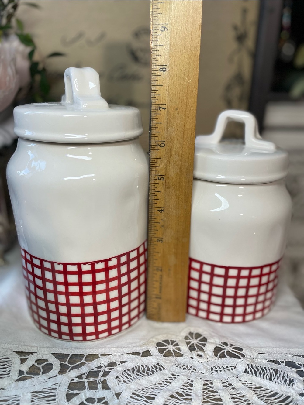 Rae Dunn white red plaid gingham ceramic canister set - Picture 3 of 6